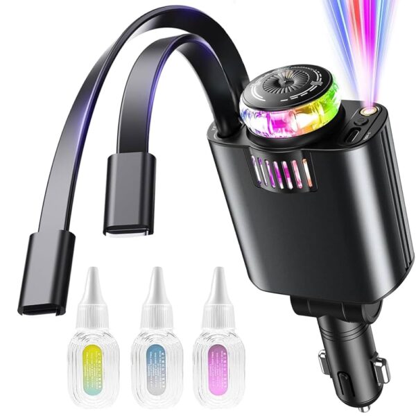Retractable Car Charger with Aromatherapy and Starlight, 5 in 1 USB C Cars Charger Adapter,  Fast Charging Cars Phone Chargers, Car Diffuser Compatible for WITH IOS & ANDROID