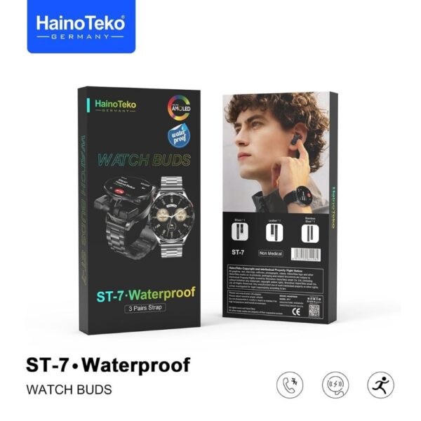HainoTeko ST-7 Waterproof Smart Watch with Integrated Earbuds Large Screen AMOLED Display 3 Pair Straps