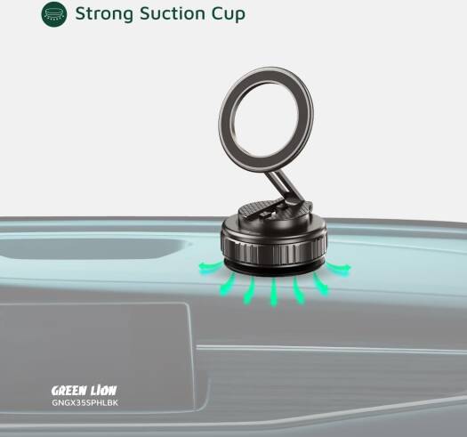 Green Lion GX-35 Suction Phone Holder with 360 Rotation, Upgraded Magnetic Force, Zinc Alloy Arm, Compatible with MagSafe Strong Suction, Foldable Design, 3-Axis Adjustment - Black - Image 3